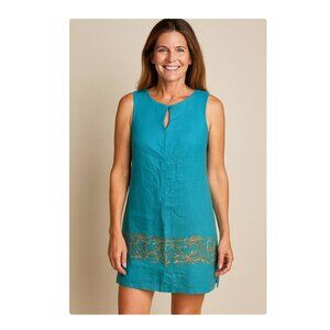 Barbara Gerwit Shift Dress Womens Small Turquoise Embroidered Hem Sleeveless